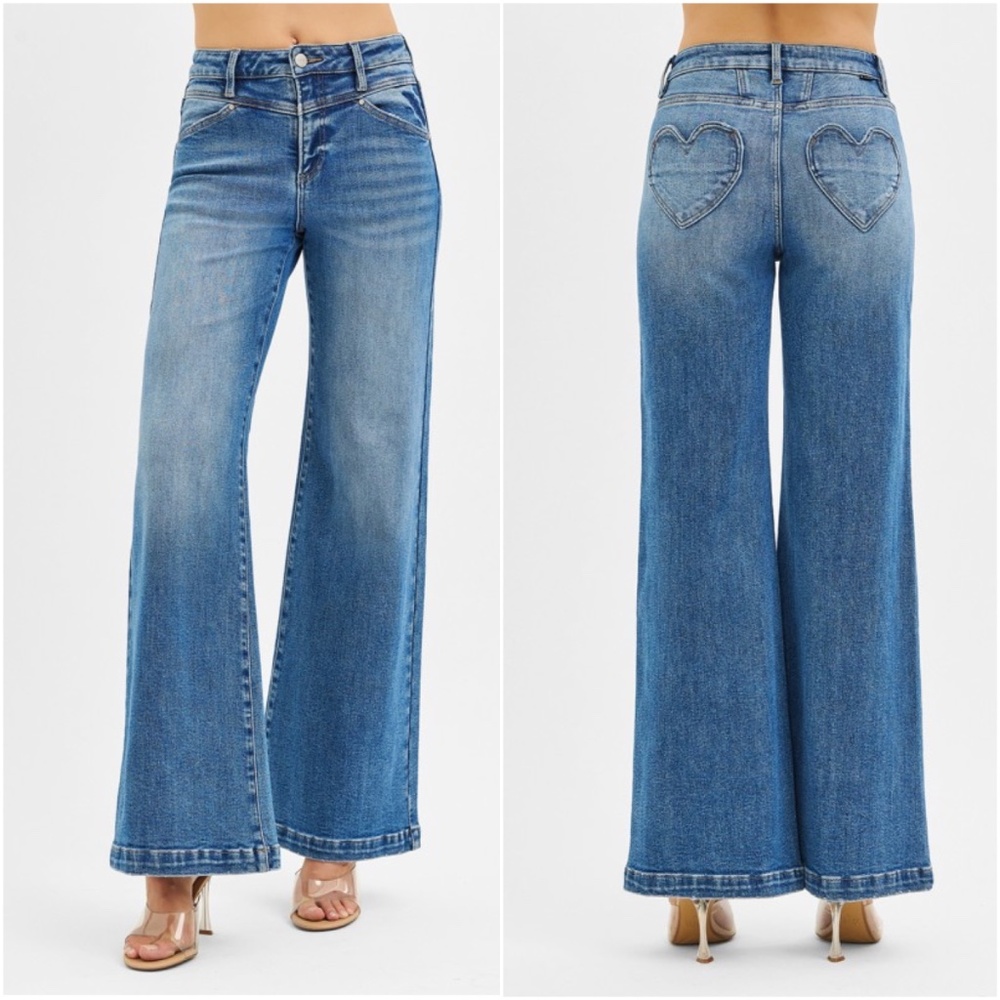 RISEN Women’s High-Rise Wide Leg Blue Jeans with Heart Back Pockets